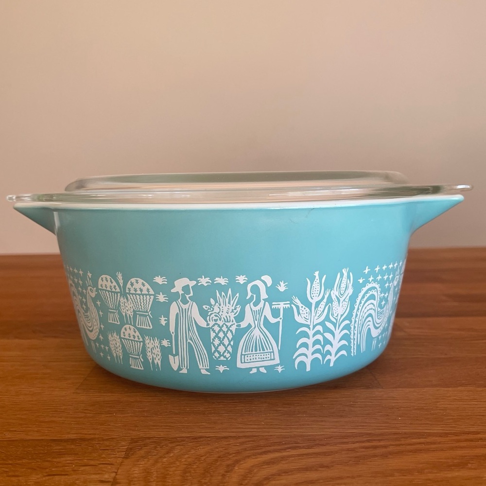 Vintage Pyrex Turquoise Amish Butter print 475-B Casserole 2.5 Qt. WITH LID